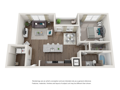 1 bed 1 bath floor plan Aat Seleno at Bridge Street, Huntsville, AL, 35806